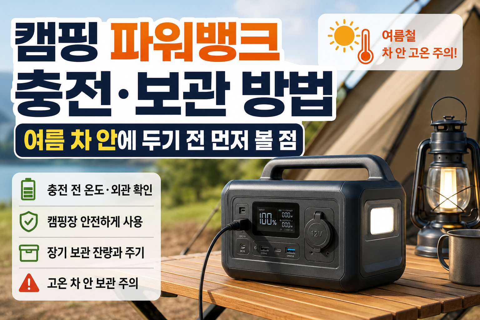 여름 캠핑을 준비할 때 파워뱅크를 미리 충전해 자동차 트렁크에 넣어두는 경우가 있습니다.
출발할 때 잊지 않으려고 하루 전부터 실어두기도 합니다.



하지만 캠핑 파워뱅크는 대용량 배터리가 들어 있는 전기장비입니다. 햇볕 아래 주차된 차량,
젖은 텐트 안, 통풍이 막힌 수납함처럼 열과 습기가 쌓이는 곳은 충전이나 장기 보관 장소로 적합하지 않습니다.


특히 뜨거운 차량에서 꺼낸 파워뱅크를 곧바로 충전하거나,
캠핑 후 배터리를 완전히 방전한 상태로 몇 달 동안 방치하는 습관은 피해야 합니다.
충전 전 온도와 외관을 확인하고, 장기 보관 잔량은 제품 설명서를 우선하는 것이 핵심입니다.

캠핑 파워뱅크 충전&middot;보관 바로 답변
여름철 주차된 차 안에는 장시간 두지 않습니다.
파워뱅크는 출발 직전에 싣고 캠핑장에 도착하면 차량에서 꺼내는 것이 좋습니다.

뜨거워진 상태에서는 바로 충전하지 않습니다.
전원을 끄고 그늘지고 통풍되는 곳에서 제품 설명서의 충전 가능 온도 범위로 내려간 뒤 충전합니다.

물기와 충격 흔적이 있으면 충전하지 않습니다.
충전 단자, 케이스 틈, 환기구가 충분히 마르고 외관에 변형이 없는지 먼저 확인합니다.

장기 보관 잔량은 하나의 숫자로 고정하지 않습니다.
제품마다 권장 잔량과 재충전 주기가 다르므로 해당 모델 사용설명서를 우선합니다.

다음 날 바로 사용할 목적이라면 제조사 기준 안에서 완충할 수 있습니다.
반면 몇 달 동안 사용하지 않는 장기 보관은 완충 상태를 계속 유지하는 것과 기준이 다를 수 있습니다.

여름 차 안에 두기 전 판단할 기준
여름철 밀폐된 차량은 짧은 시간에도 내부 온도가 크게 오를 수 있습니다.
대시보드나 창가뿐 아니라 트렁크도 장시간 주차하면 외부보다 훨씬 뜨거워질 수 있습니다.

파워뱅크에 과열 보호 기능이 있더라도 이를 여름 차량 보관 기능으로 보면 안 됩니다. 보호 기능은 이상 상황에서 작동을 제한하기 위한 장치이지, 고온 방치를 허용한다는 뜻은 아닙니다.

상황	판단	해야 할 일
출발 전날 차에 실어두기	여름철에는 피하기	실내에 보관하고 출발 직전에 적재
뜨거운 차에서 바로 꺼냄	즉시 충전하지 않기	전원을 끄고 그늘에서 충분히 식히기
캠핑장 도착 후 트렁크 보관	장시간 방치 피하기	차에서 꺼내 건조하고 통풍되는 곳에 배치
집으로 돌아온 뒤 차에 그대로 둠	보관 장소로 부적합	실내로 옮겨 외관과 잔량 확인
차량으로 이동할 때는 파워뱅크가 넘어지거나 짐에 눌리지 않도록 고정합니다. 무거운 아이스박스나 폴대가 본체와 충전 단자를 누르지 않게 분리하는 것이 좋습니다.

충전 전 확인하는 순서
파워뱅크가 충전되지 않으면 충전기를 반복해서 꽂기보다 본체 상태부터 확인해야 합니다. 고온 보호나 저온 보호가 작동한 상태에서는 충전 입력이 자동으로 차단될 수도 있습니다.

본체 온도와 외관 확인
본체가 뜨겁거나 손대기 불편할 정도의 열이 느껴지면 전원을 끄고 충전을 미룹니다. 케이스가 벌어지거나 부풀어 오른 부분, 충격 자국, 그을림, 액체가 샌 흔적이 없는지도 봅니다.

충전 단자와 환기구 확인
충전 포트 안에 물기, 모래, 흙, 금속 이물질이 없는지 확인합니다. 캠핑 후에는 겉면이 말라 보여도 단자 덮개와 손잡이 틈에 습기가 남아 있을 수 있습니다.

물기를 발견했다면 드라이기나 열풍기로 강하게 말리지 않습니다. 전원을 끈 상태에서 제조사가 안내한 방법으로 충분히 자연 건조한 뒤 상태를 확인합니다.

충전기 규격 확인
단자 모양이 맞는다는 이유만으로 임의의 어댑터를 연결하면 안 됩니다. 제조사가 제공하거나 해당 모델에 사용 가능하다고 명시한 충전기와 케이블을 사용합니다.

AC 충전, 자동차 충전, 태양광 충전은 입력 전압과 허용 전력이 서로 다를 수 있습니다. 태양광 패널을 연결할 때도 패널의 최대 개방전압과 파워뱅크의 입력 허용 범위를 먼저 확인해야 합니다.

충전 장소 정하기
충전할 때는 단단하고 평평하며 마른 바닥에 둡니다. 침낭, 이불, 의자 천, 종이박스 위처럼 열이 빠지기 어렵거나 불이 붙기 쉬운 곳은 피합니다.

본체의 흡기구와 배기구를 짐이나 천으로 막지 말고, 충전 중에는 상태를 확인할 수 있는 위치에 둡니다. 외출하거나 잠든 동안 장시간 충전하는 방식도 피하는 것이 좋습니다.

캠핑장에서 안전하게 사용하는 방법
파워뱅크는 저장된 전기를 꺼내 쓰는 장비지만 연결한 전기제품의 소비전력이 무제한으로 허용되는 것은 아닙니다.

파워뱅크의 정격 출력과 전기제품의 정격 소비전력을 비교하고, 냉장고&middot;전기펌프&middot;전동공구처럼 작동 순간 소비전력이 높아질 수 있는 장비는 순간 출력 기준도 확인합니다.

비를 직접 맞거나 물이 고이는 바닥에 두지 않습니다.
텐트 입구나 사람 통로에 케이블을 가로질러 놓지 않습니다.
파워뱅크 위에 옷, 수건, 침낭이나 가방을 올리지 않습니다.
입력 충전 중 여러 고출력 제품을 동시에 연결하기 전 설명서를 확인합니다.
멀티탭을 사용할 때 멀티탭과 파워뱅크 양쪽의 허용 용량을 모두 확인합니다.
비정상적인 팬 소음이나 오류 코드가 반복되면 출력을 끄고 연결된 장비를 분리합니다.
사용 중 뜨거워졌다면
전기제품 연결을 해제하고 파워뱅크의 입력과 출력을 모두 끕니다. 환기구를 막은 물건이 없는지 확인한 뒤 그늘지고 통풍되는 곳에서 식힙니다. 냄새, 팽창, 연기나 비정상적인 소리가 함께 나타나면 다시 켜지 않습니다.

캠핑 후 보관하는 순서
철수 후 파워뱅크를 자동차에 그대로 두지 말고 집 안의 건조하고 서늘한 장소로 옮깁니다. 베란다, 창가, 보일러실, 난방기 옆처럼 온도 변화가 크거나 직사광선이 들어오는 곳은 피합니다.

연결된 전기제품과 충전 케이블을 모두 분리합니다.
AC&middot;DC&middot;USB 출력이 꺼졌는지 확인합니다.
본체와 단자 주변의 흙, 먼지, 물기를 마른 천으로 정리합니다.
케이스 변형, 충격 자국, 냄새, 비정상적인 열이 없는지 확인합니다.
제품 설명서에서 장기 보관 권장 잔량을 확인합니다.
필요한 잔량으로 맞춘 뒤 본체 전원을 완전히 끕니다.
통풍되는 실내의 단단하고 안정적인 장소에 보관합니다.
설명서에 안내된 주기에 맞춰 잔량과 외관을 다시 확인합니다.
장기 보관 잔량은 모든 제품이 같지 않습니다. 일부 제품은 중간 잔량을 권장하고, 일부 제품은 일정 수준 이상을 유지하도록 안내합니다. 인터넷에서 본 하나의 숫자보다 자신의 모델 설명서를 우선해야 합니다.

완전히 방전된 상태로 장기간 두면 다시 충전되지 않거나 배터리 관리장치가 보호 상태에 들어갈 수 있습니다. 몇 달 동안 쓰지 않을 예정이라면 달력이나 휴대폰 일정에 잔량 확인 날짜를 기록해두는 것이 좋습니다.

충전이 안 되거나 이상할 때 확인할 점
뜨거운 차량에서 막 꺼냈다면 먼저 충분히 식힙니다.
충전기와 케이블이 해당 모델 규격에 맞는지 확인합니다.
충전 단자에 물기와 이물질이 없는지 확인합니다.
화면에 온도, 과부하, 입력 오류가 표시되는지 봅니다.
연결된 모든 출력 장비를 분리한 뒤 다시 확인합니다.
다른 벽면 콘센트에서도 같은 증상인지 확인합니다.
오류가 반복되면 임의 분해하지 말고 제조사 고객센터에 문의합니다.
타는 냄새, 화학약품 같은 냄새, 부풀어 오름, 변색, 누액, 지직거리거나 쉭쉭거리는 소리, 연기와 불꽃은 정상적인 충전 증상이 아닙니다.

이런 증상이 있으면 충전과 사용을 중단하고 안전거리를 확보합니다. 연기나 불꽃이 발생했다면 장비를 들고 옮기려 하지 말고 주변 사람에게 알린 뒤 대피하고 119에 신고합니다.

FAQ와 함께 볼 글
파워뱅크를 여름 차 안에 하루 정도 둬도 되나요?
권장하지 않습니다. 여름철 주차된 차량은 짧은 시간에도 내부 온도가 크게 오를 수 있습니다. 이동할 때만 싣고 도착 후에는 차량에서 꺼내는 것이 좋습니다.

장기 보관할 때 100%로 충전해야 하나요?
모든 제품에 적용되는 기준은 아닙니다. 제조사와 모델에 따라 권장 보관 잔량이 다르므로 사용설명서를 확인해야 합니다. 중요한 것은 완전 방전 상태로 장기간 방치하지 않고, 안내된 주기에 맞춰 잔량을 확인하는 것입니다.

뜨거워진 파워뱅크를 에어컨 앞에서 바로 충전해도 되나요?
충전부터 시작하기보다 전원을 끄고 자연스럽게 식히는 것이 먼저입니다. 급격하게 냉각하거나 결로가 생길 수 있는 환경은 피하고, 본체 온도가 제품 설명서의 충전 가능 범위로 내려간 뒤 충전합니다.

공식 안전정보 확인
소방청 리튬이온배터리 화재 안전정보
제품안전정보센터 리콜&middot;인증정보 확인
기어GO에서 함께 보면 좋은 글
리튬배터리 화재 위험 신호
충전 전 냄새&middot;열감&middot;팽창&middot;변색을 구분하는 기준

캠핑 랜턴 충전&middot;보관 방법
랜턴이 충전되지 않을 때 케이블과 단자를 확인하는 순서

캠핑 멀티탭 사용 주의점
비 오는 캠핑장에서 전선과 멀티탭을 안전하게 놓는 기준

마무리 기준
캠핑 파워뱅크는 출발 직전에 차량에 싣고 도착 후 바로 꺼내는 것이 좋습니다. 뜨겁거나 젖은 상태에서는 충전하지 말고, 외관과 충전 단자를 먼저 확인합니다. 캠핑 후에는 차 안에 두지 않고 실내의 서늘하고 건조한 곳으로 옮긴 뒤 제품 설명서에 맞는 잔량과 점검 주기로 보관해야 합니다.


캠핑파워뱅크 충전 보관 방

캠핑파워뱅크 충전 보관 방법