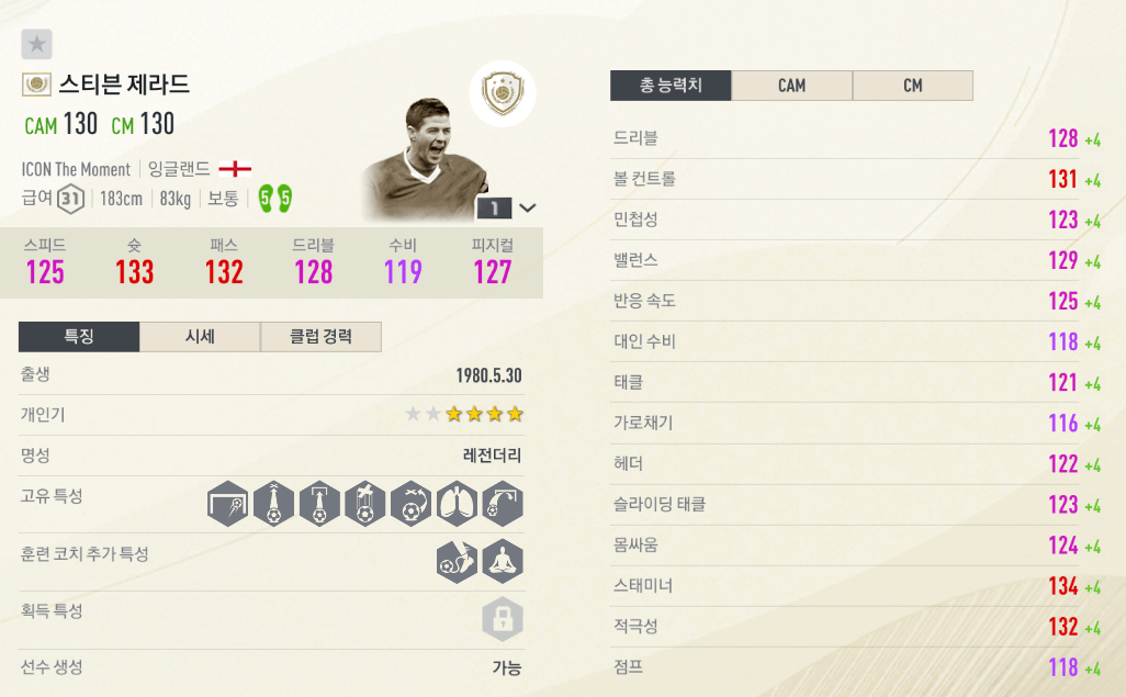 아이콘 더 모먼트 제라드 세부 능력치 모습