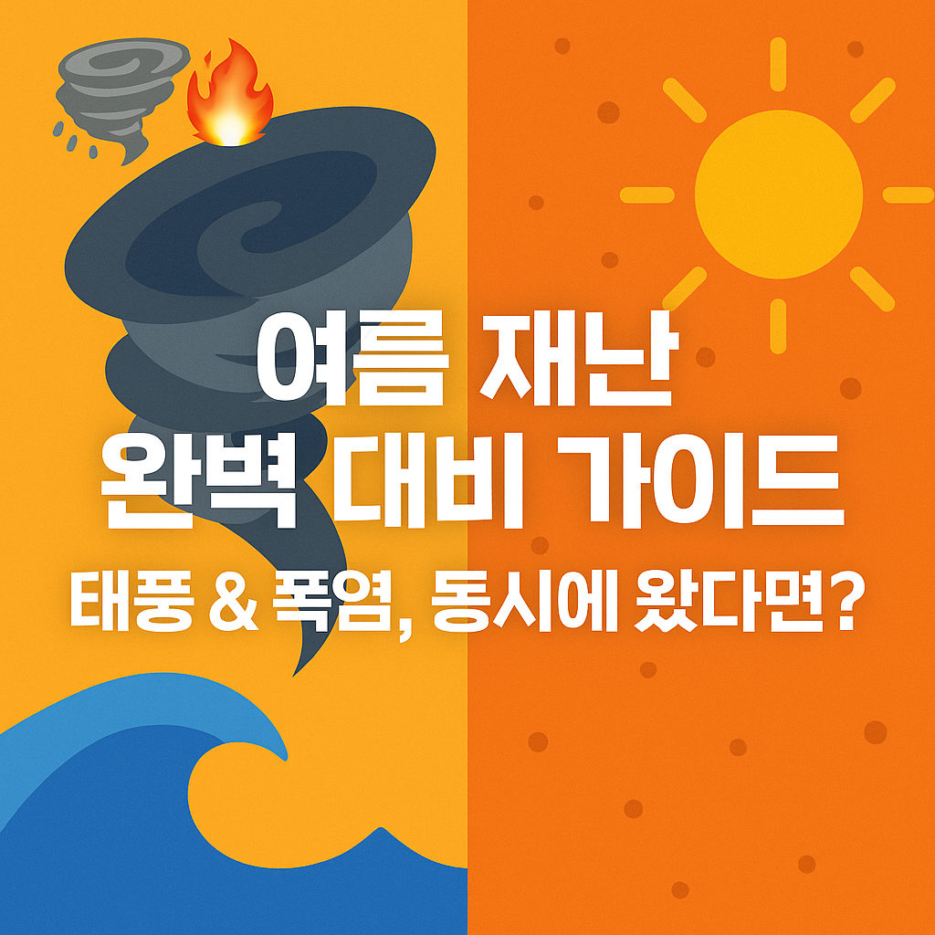 여름철 태풍과 폭염에 대비하는 재난 안전 가이드를 소개하는 한국어 인포그래픽 이미지. 태풍, 번개, 폭염 아이콘이 강조되어 있으며, 대비책 정보를 전달하는 포스터 스타일의 일러스트