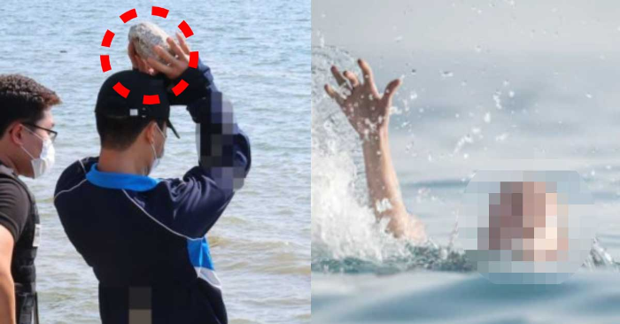 바다에 빠진 사람과 돌을 던지는 남자