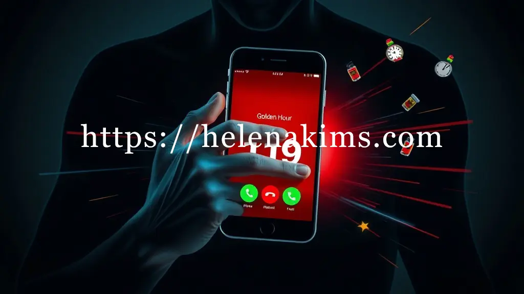 어둡고 긴박한 배경에 고통스럽게 가슴을 부여잡은 사람의 실루엣. 동시에 화면 중앙에는 긴급하게 스마트폰으로 '119'를 누르는 떨리는 손 이미지.