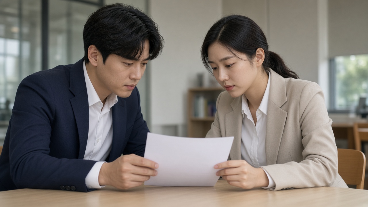스터디카페에서 함께 문제를 맞춰 보는 한국인 직장인 두 명
