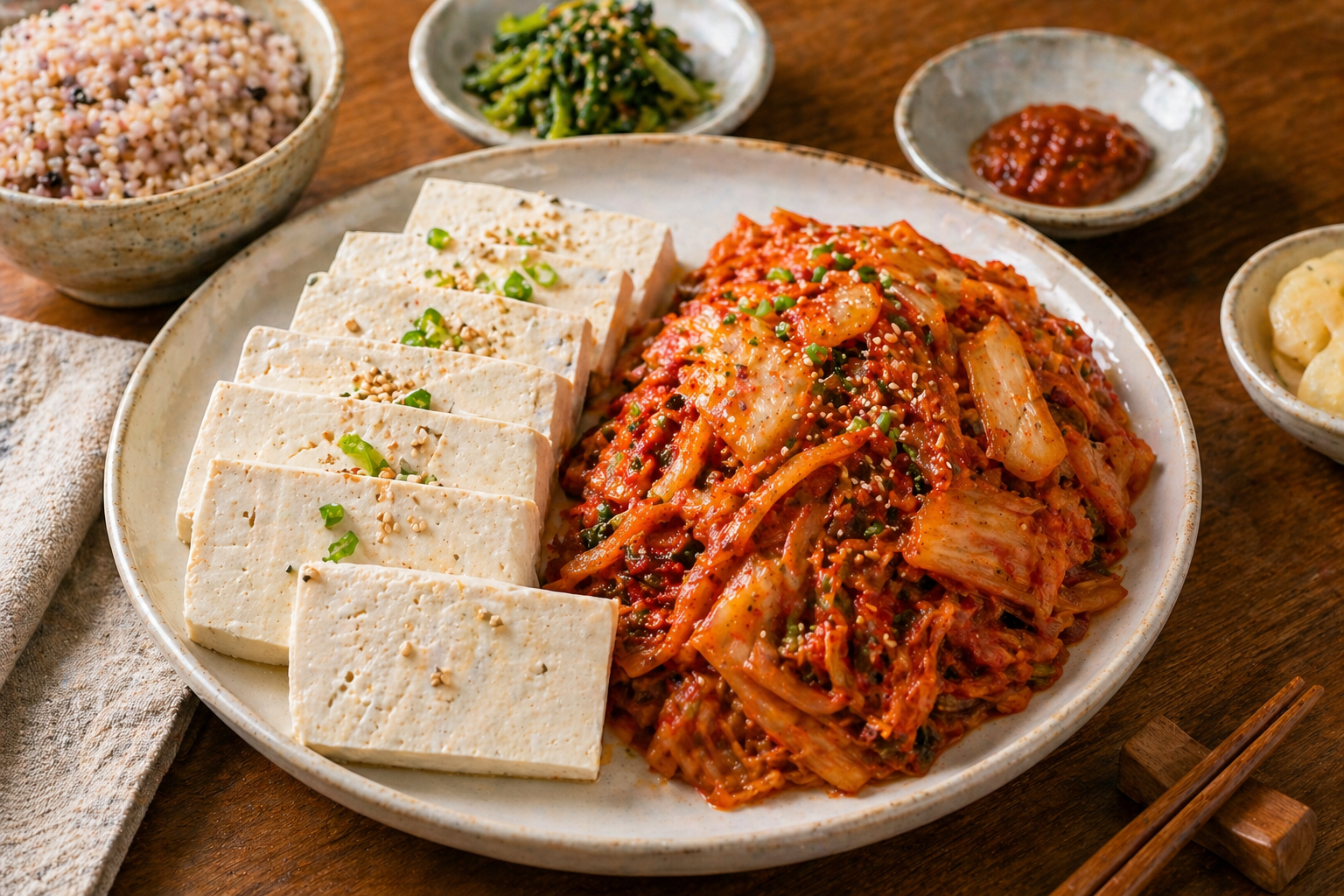 데친 두부와 볶은 김치를 함께 담은 담백한 건강 저녁 식단