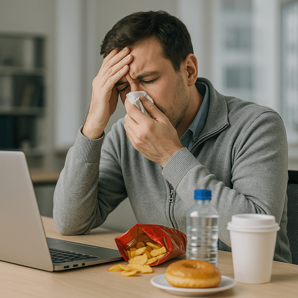 감기에 걸린 듯한 직장인 남성이 책상에 앉아 콧물과 두통에 시달리는 모습(출처**자체제작)