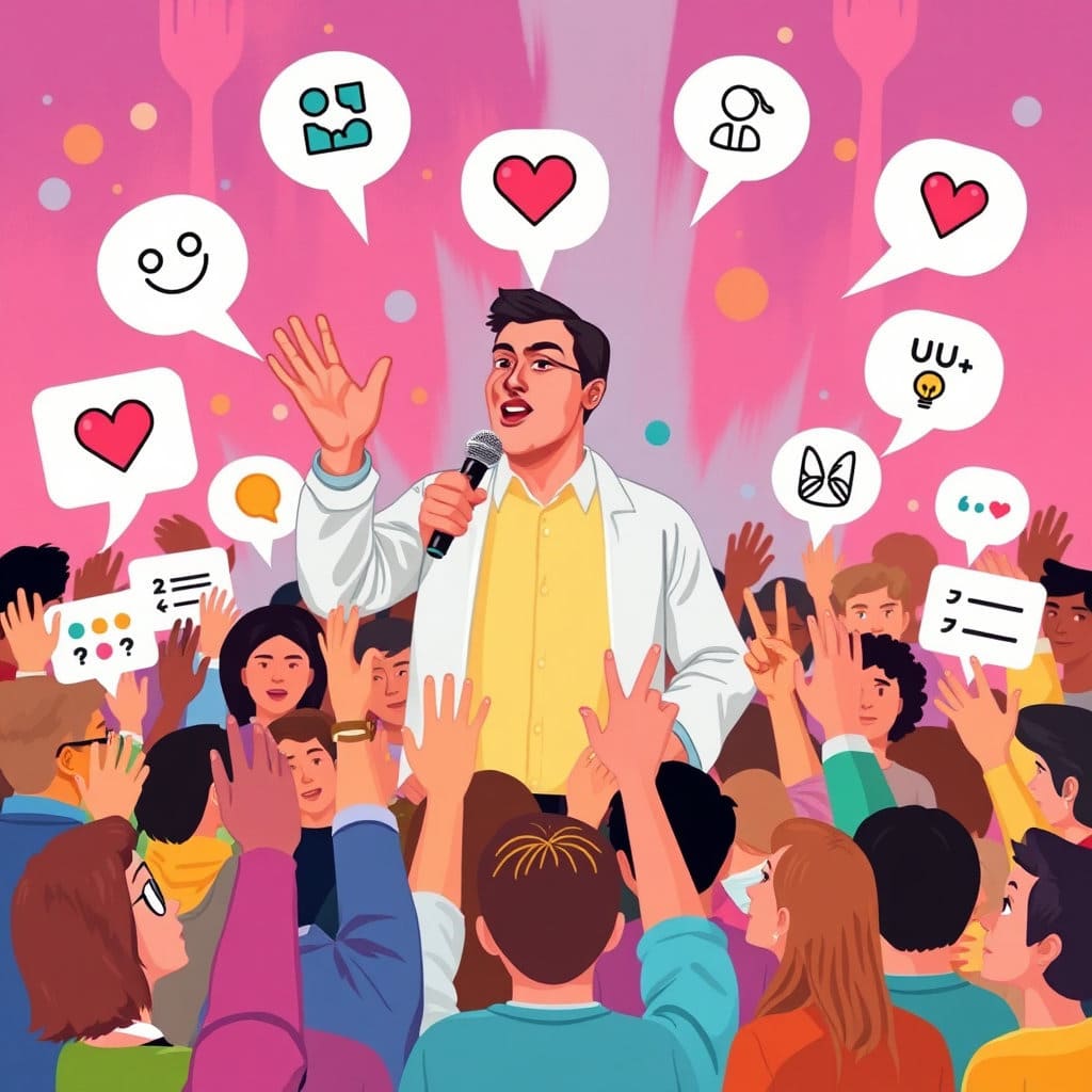 마이크를 들고 발언하는 사람, 손을 들고 질문하는 군중, 또는 다양한 의견을 나타내는 말풍선들이 모여 있는 형태 등을 통해 시민 참여와 여론의 중요성을 시각화합니다.