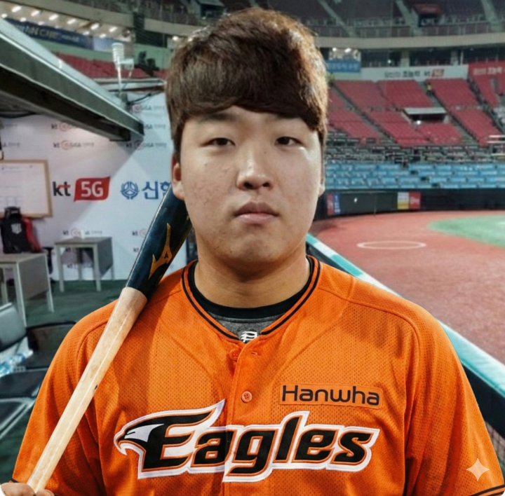 강백호선수가 한화 이글스의 상징색인 오렌지색 유니폼을 입고 찍은 사진