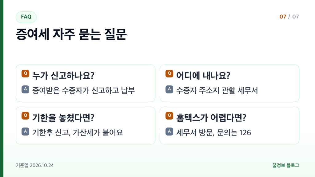 증여세 신고방법 자주 묻는 질문 신고 주체 제출 세무서 기한후 신고 문의 126 요약