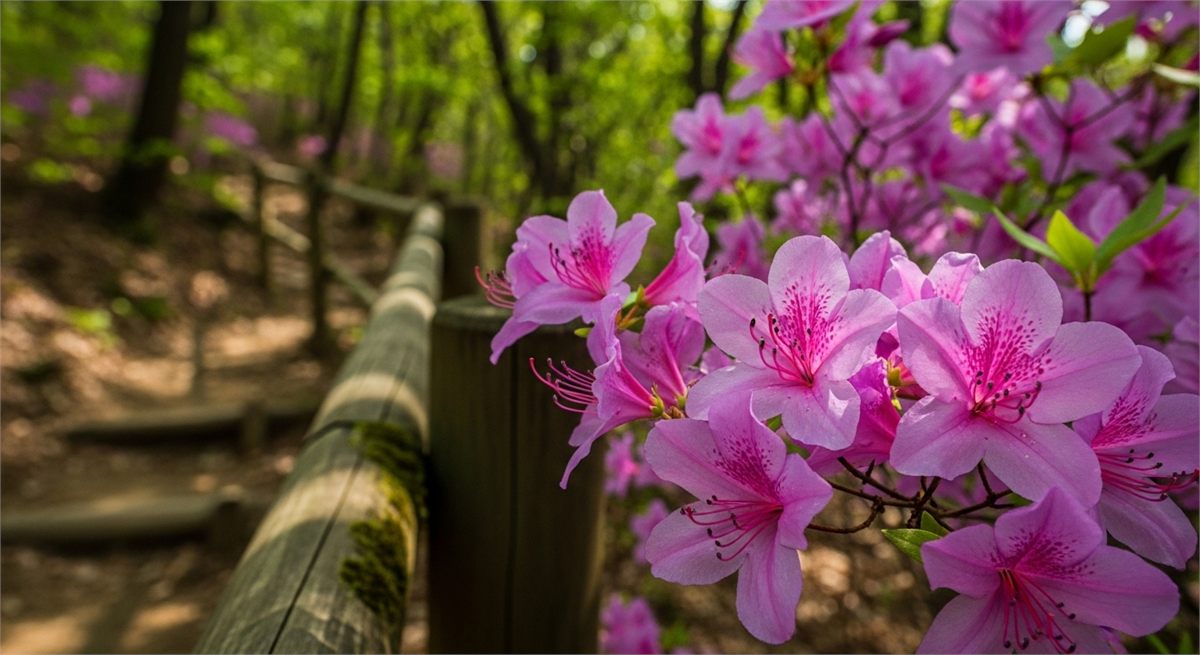 산길 옆 진달래 디테일을 보여주는 근접 장면 