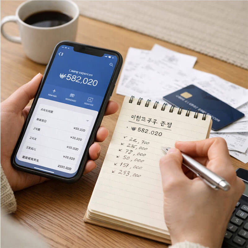 스마트폰 뱅킹 화면과 메모장을 보며 생활비 통장 잔액을 확인하는 생활 관리 장면