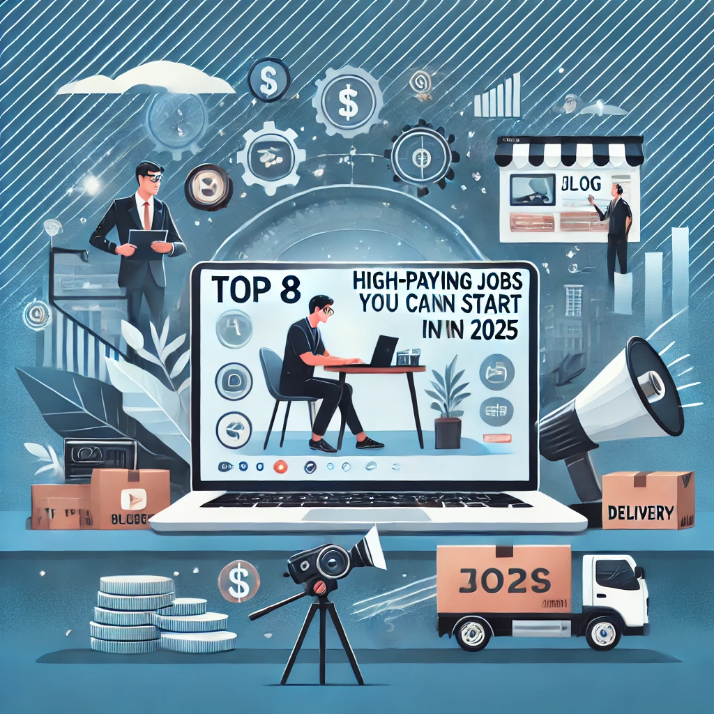 노트북에 블로그가 열려 있음 → 블로그 & 애드센스 수익
유튜버가 콘텐츠를 촬영하는 장면 → 유튜브 & 숏폼 크리에이터
온라인 마켓플레이스와 패키지 배송 박스 → 해외 구매 대행, 중고거래
프리랜서가 노트북으로 작업하는 모습 → 온라인 강의 & SNS 마케팅
금융 성장 그래픽 → 고소득 직업의 가능성을 시각적으로 표현