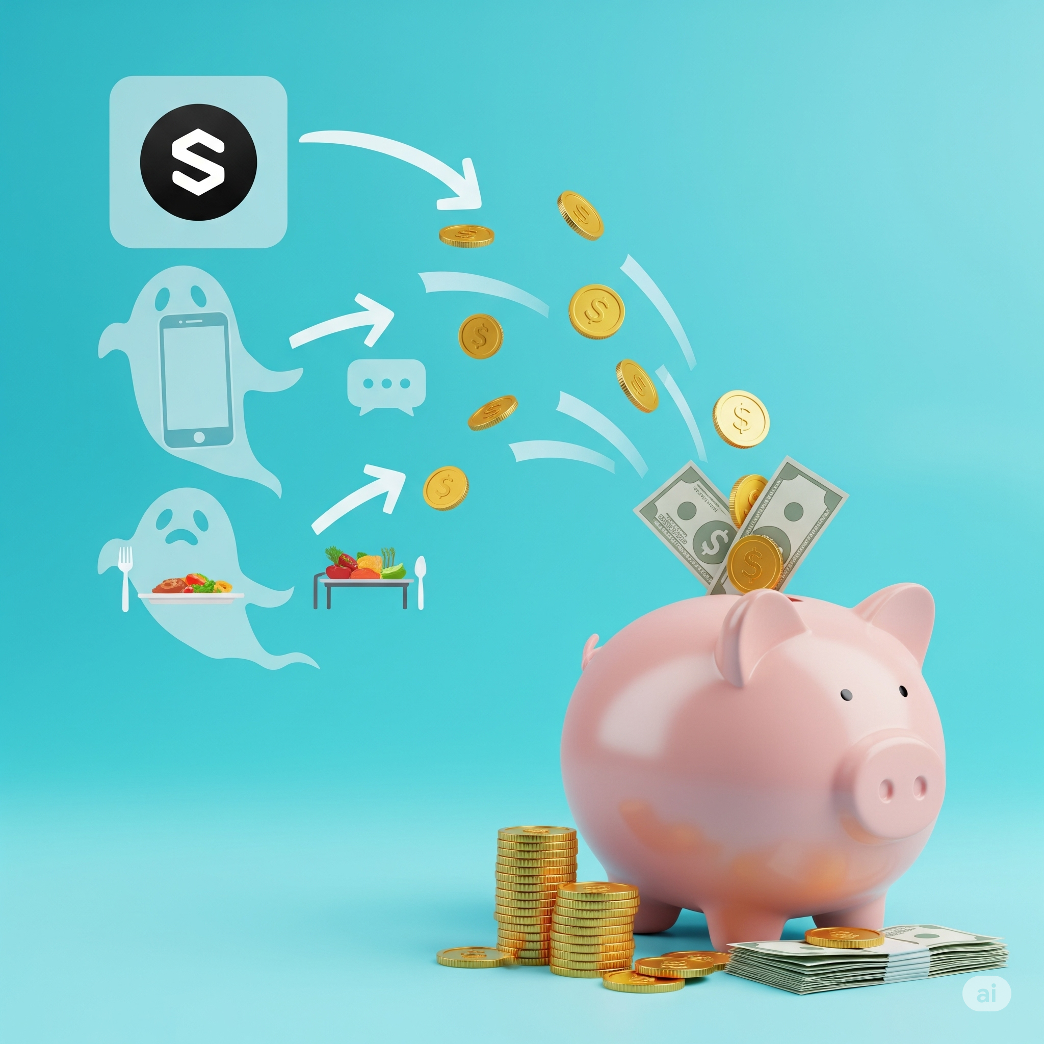 돋보기로 구독, 통신, 식비 아이콘과 절약된 금액을 확인하는 모습