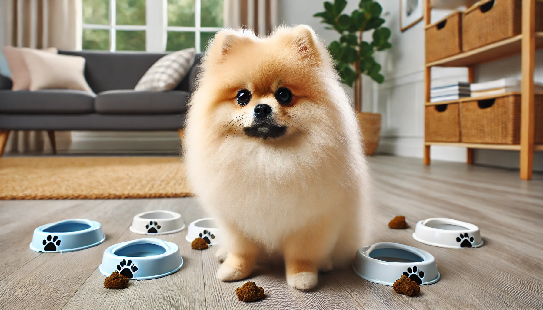 강아지가 여기저기 배변 실수를 한 모습