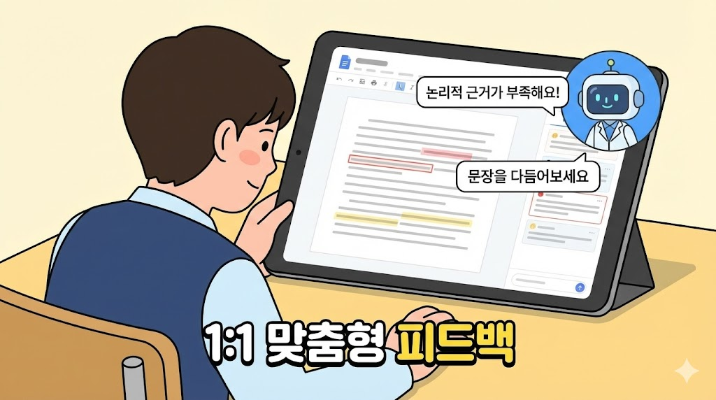 태블릿을 통해 AI에게 글쓰기 피드백을 받고 있는 학생의 모습