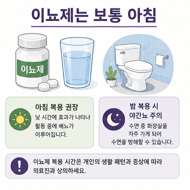 이뇨제 계열 고혈압 약은 소변량 증가로 인한 야간뇨를 줄이기 위해 보통 아침에 복용하는 이유를 설명한 이미지