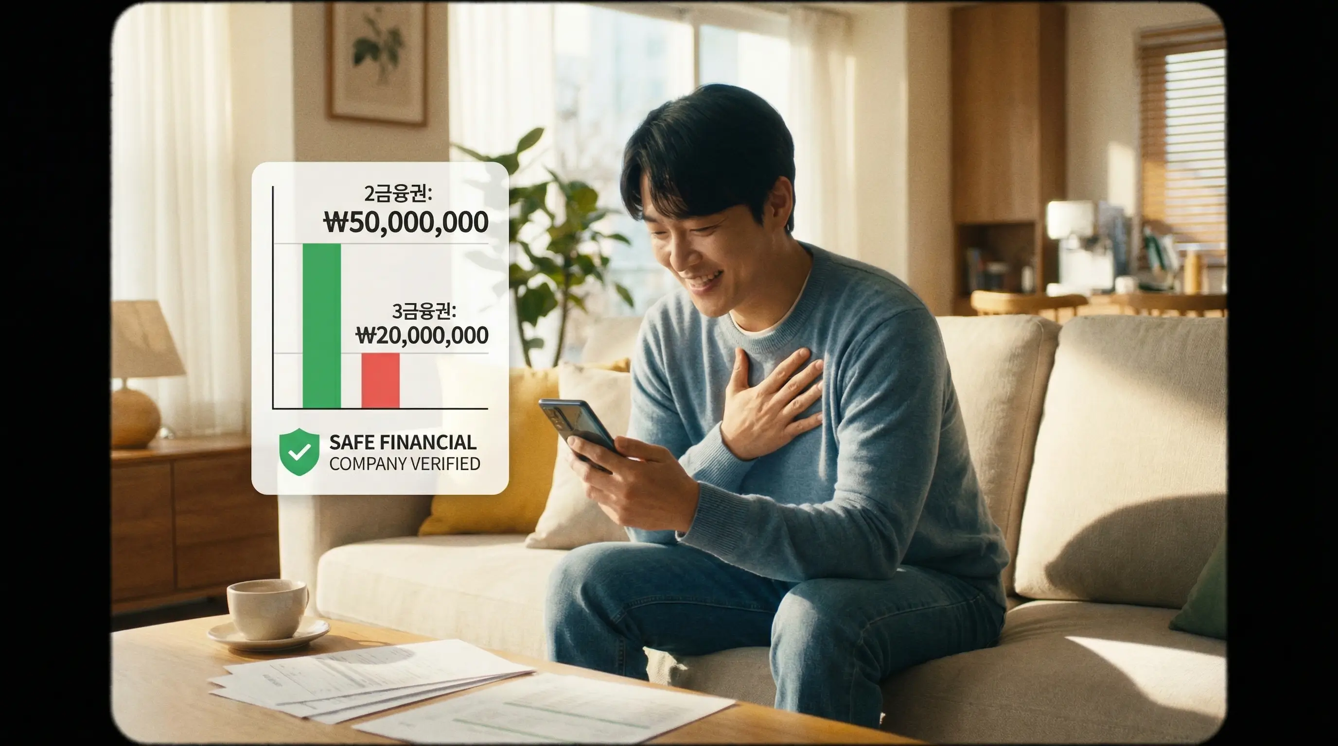 스마트폰으로 안전한 금융사를 조회하고 2금융권과 3금융권 대출 한도를 비교하는 안도하는 모습