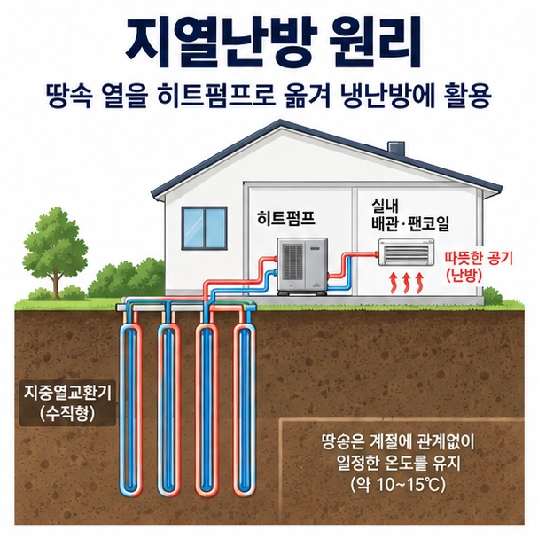 지열난방 원리와 지중열교환기 히트펌프를 이용해 땅속 열을 실내로 옮기는 과정을 보여주는 교육용 이미지