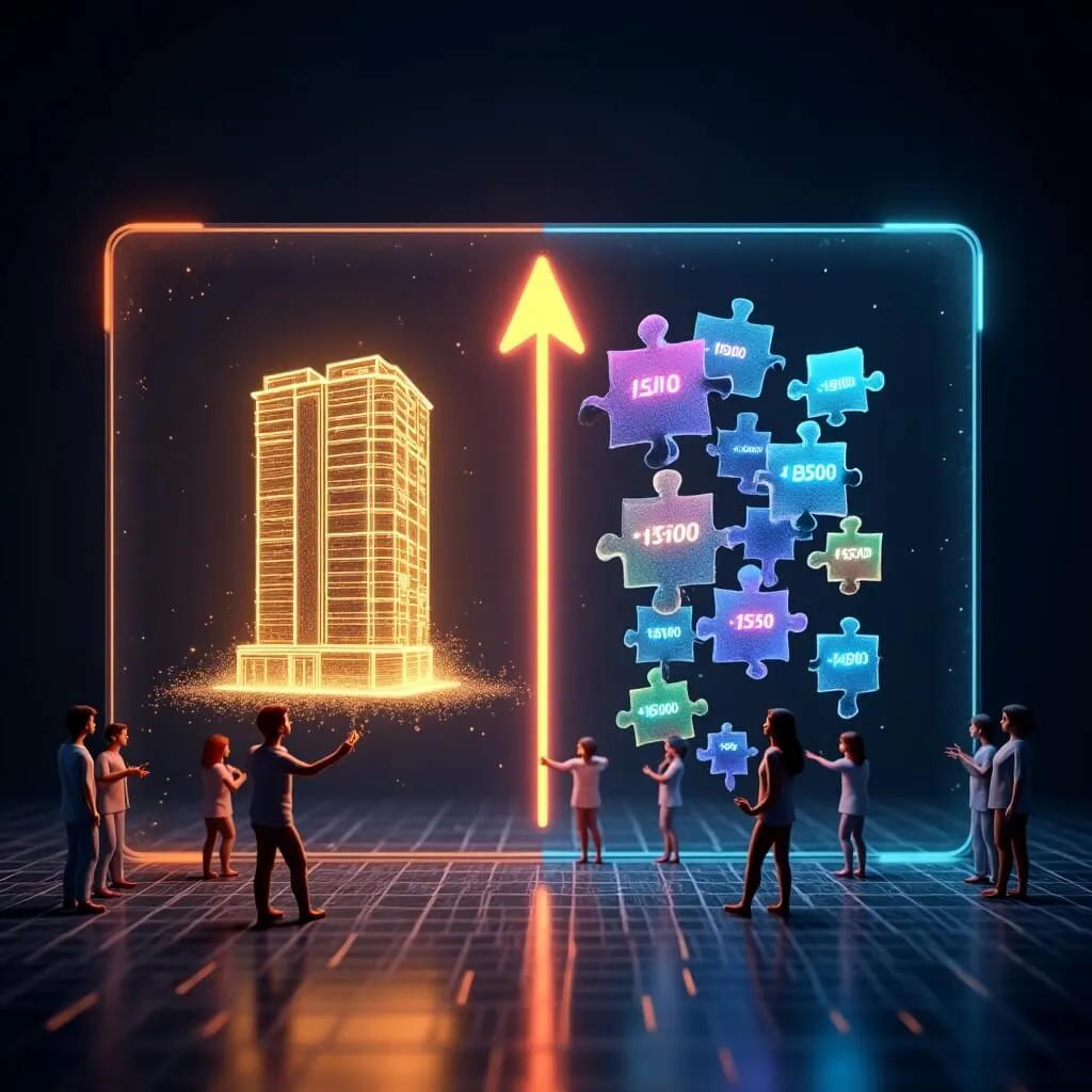 완전한 빌딩이 알록달록한 퍼즐 조각으로 분해되는 변환 과정을 표현한 일러스트. 각 조각마다 가격표가 붙어있고 사람들이 조각을 들고 있어 부동산 조각투자 개념을 시각화. 네온 사이버펑크 스타일 (RWA fractional investment, real estate tokenization, puzzle transformation)