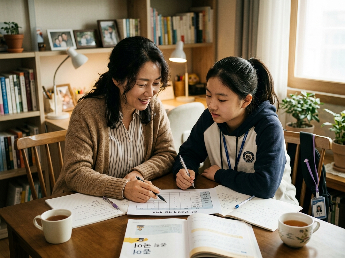 학부모와 학생이 함께 국어 학습 계획과 점검표를 보며 대화하는 모습