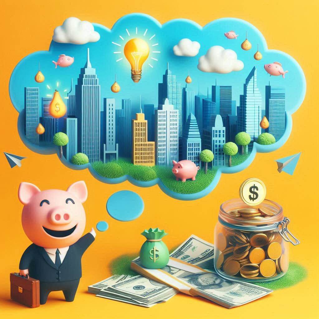 장병내일준비적금 가입 방법을 설명하고 있는 돼지. 돼지가 웃으면서 행복한 미래를 알려주고 있다. 말풍선에 담긴 미래그림.