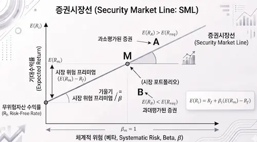 SML(증권시장선) &mdash; &beta;축, 기대수익률 선, 저평가/공정가격/고평가 포인트와 알파 표시