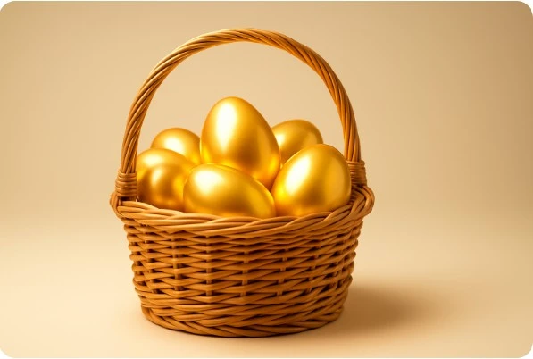 빛나는 황금 계란이 담긴 바구니 이미지