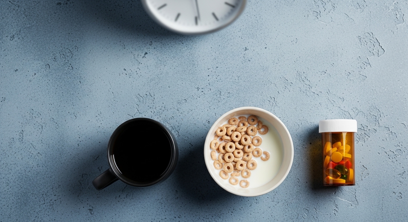 공복에 마시는 커피와 시리얼, 약병이 함께 놓인 바쁜 아침 식탁 풍경