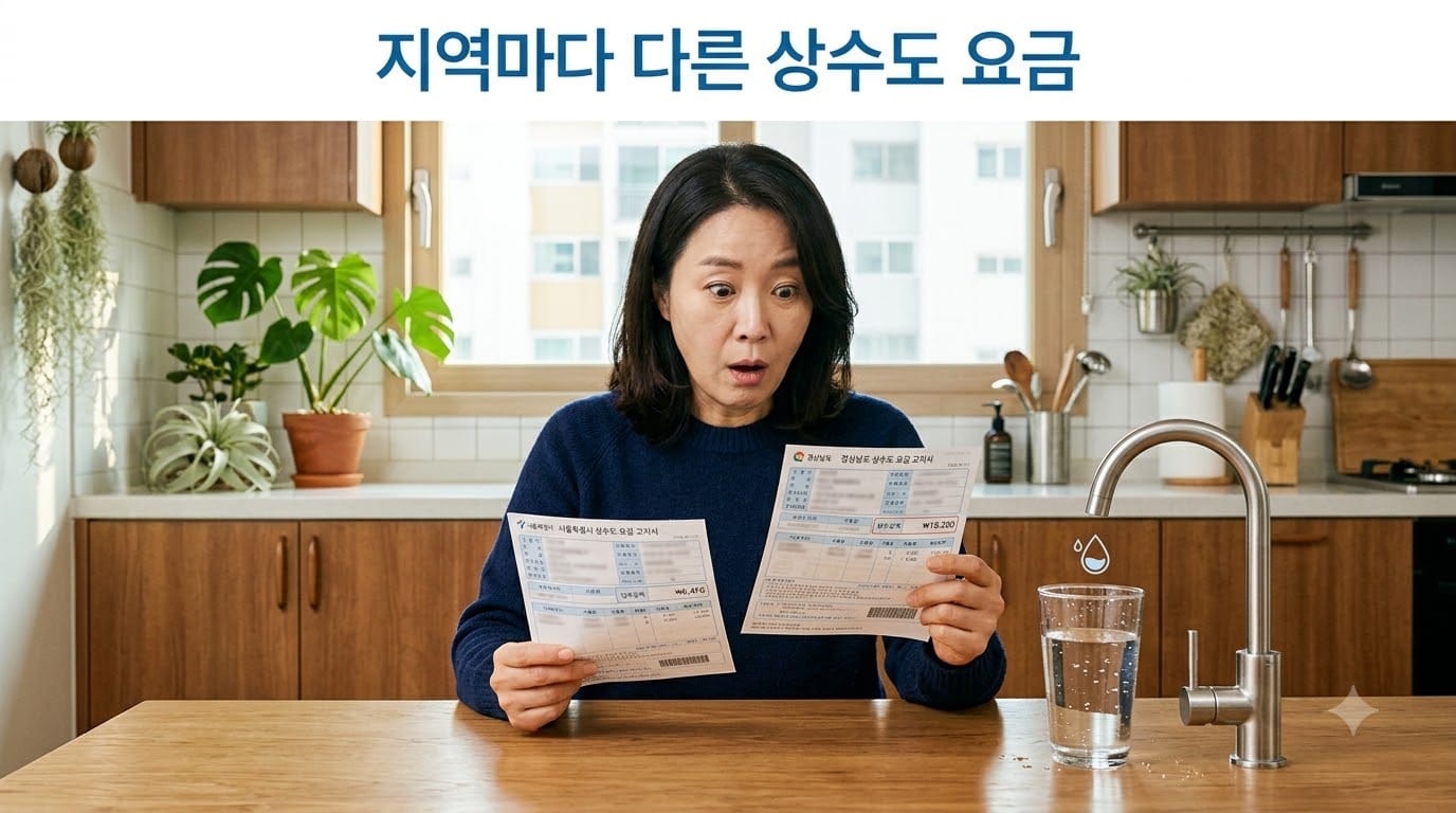 지역이 다른 수도요금 고지서 두 장을 비교하는 아파트 거주자 이미지