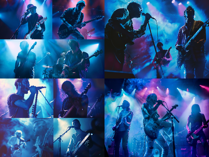 푸른 조명 아래 열창하는 오아시스 멤버들