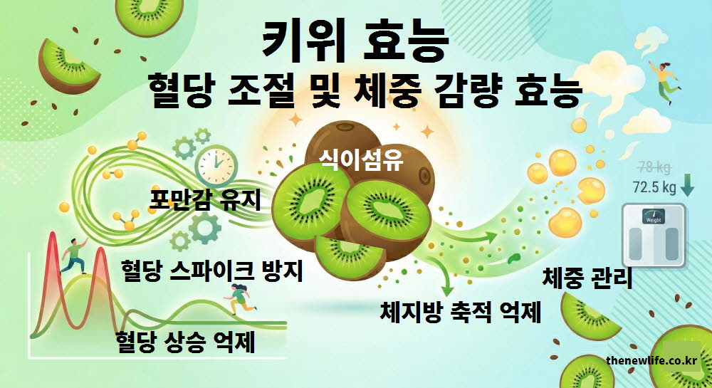 키위 효능이 당 흡수를 지연시켜 혈당 조절을 돕고 건강한 체중 감량으로 이어지는 원리를 설명하는 이미지