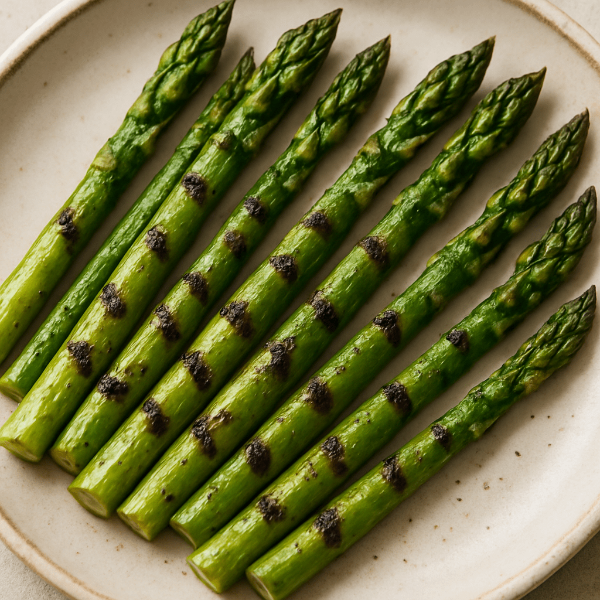 구운 아스파라거스 몇 개를 나란히 놓은 접시