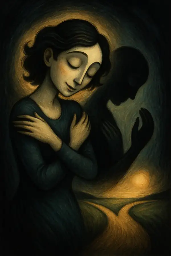 조용한 빛 속에서 스스로를 따뜻하게 안아주며 자신의 그림자를 어루만지는 사람의 실루엣을 팀 버튼풍 감성으로 표현한 자기 용서 일러스트