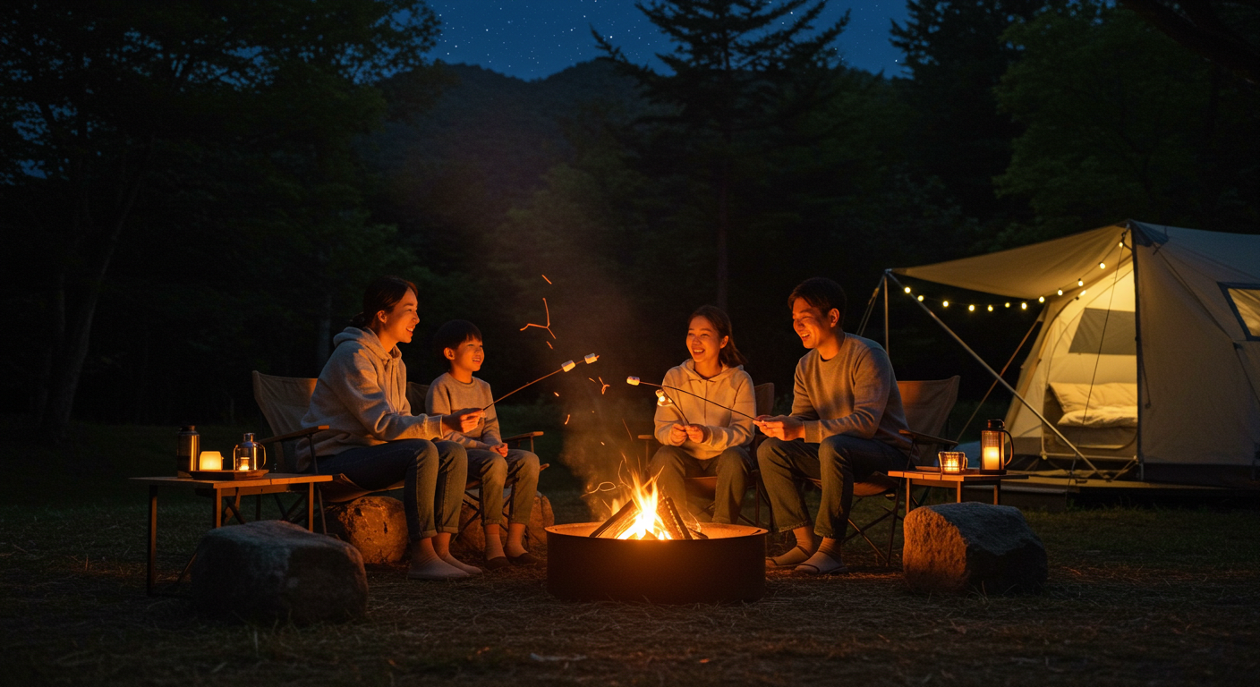 강원도 캠핑장에서 별을 보며 캠프파이어를 즐기는 한국인 가족.