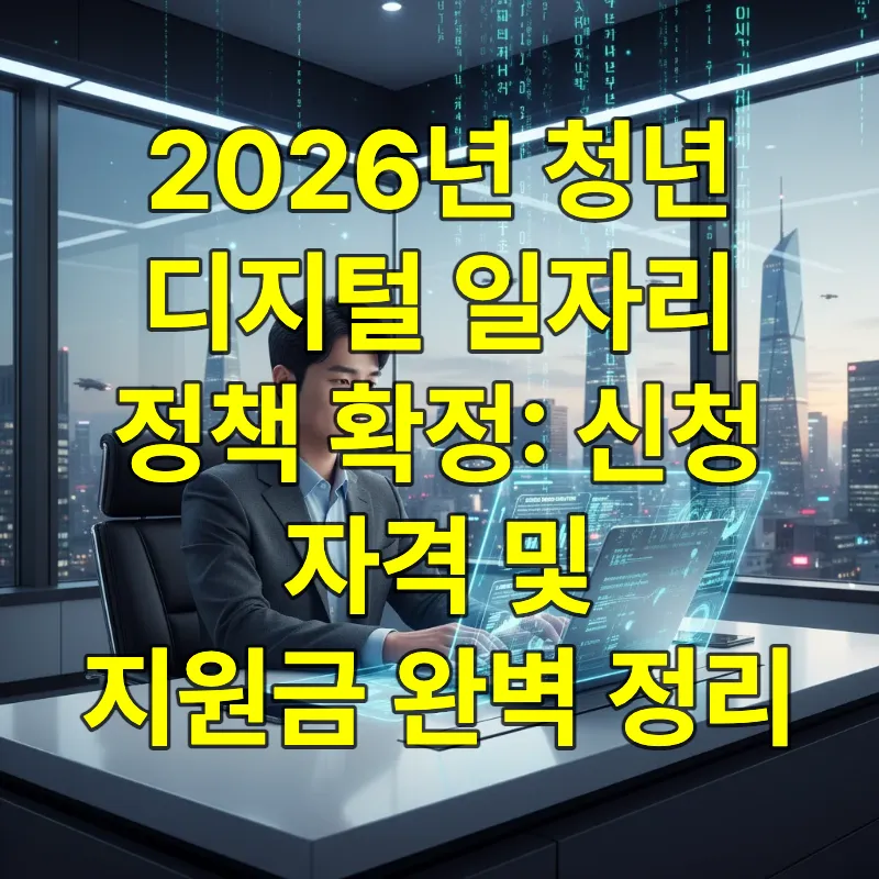 2026년 서울의 현대적인 사무실에서 홀로그램 인터페이스가 있는 노트북으로 작업하는 한국 청년의 모습, 디지털 일자리 정책을 상징하는 밝고 희망찬 이미지
