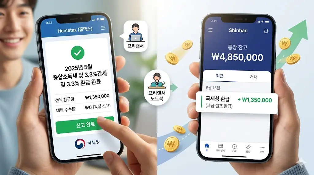 비싼 대행 수수료 없이 국세청 홈택스 앱을 통해 5월 종합소득세 및 3.3% 프리랜서 세금을 셀프로 전액 환급받아 통장 잔고를 불리는 화면