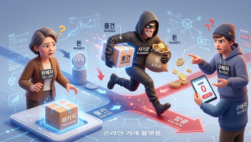 판매자와 구매자 사이에서 돈과 물건을 가로채 도망치는 도둑의 모습