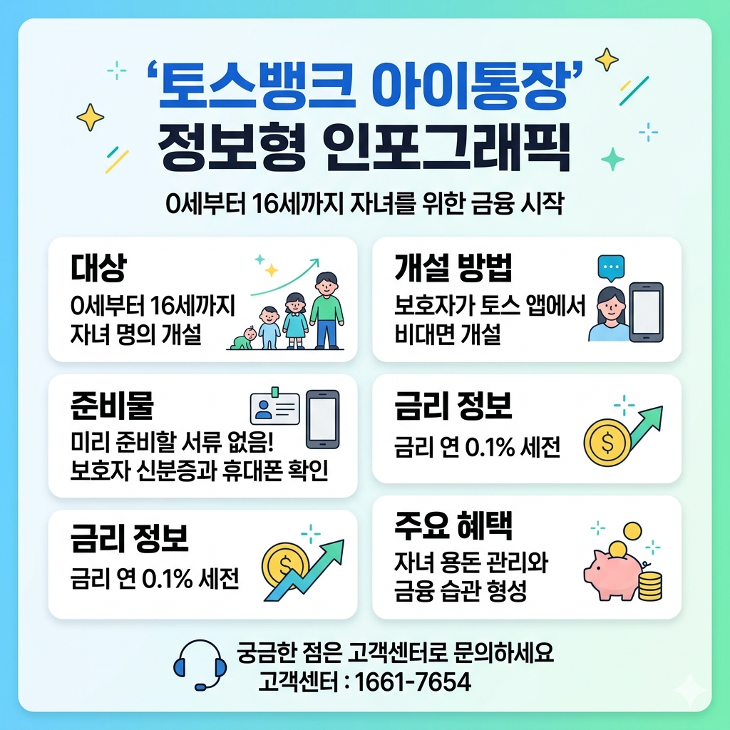 토스뱅크 아이통장 만들기｜가입대상&middot;개설방법&middot;금리&middot;보호자 관리 인포그래픽