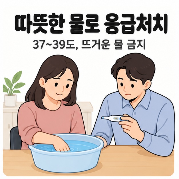 여성이 물이 담긴 대야에 손을 담그고 옆의 남성이 온도계를 확인하는 그림과 37~39도 응급처치 안내
