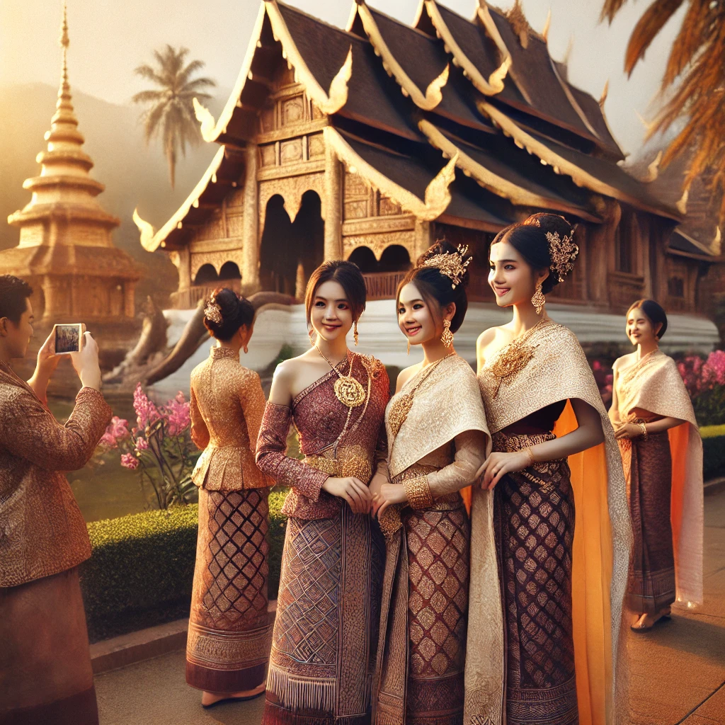 치앙마이에서 전통 의상을 입고 사진을 찍는 모습