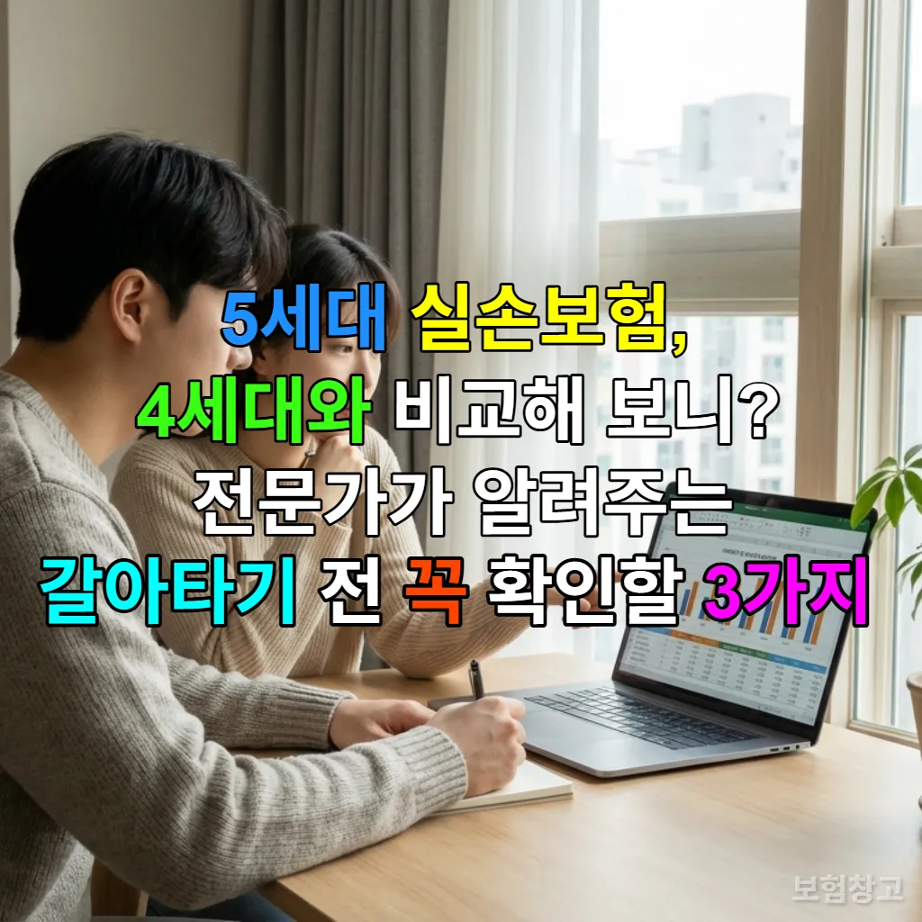 젊은 한국인 부부가 노트북으로 5세대 실손보험과 4세대 실손보험을 비교하며 진지하게 상의하는 모습