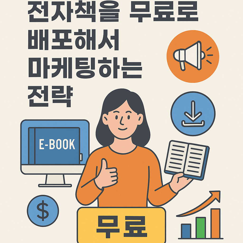 전자책을 무료로 배포하는 마케팅 전략을 나타낸 디지털 일러스트|홍보, 다운로드, 수익, 성장 그래프 아이콘 포함