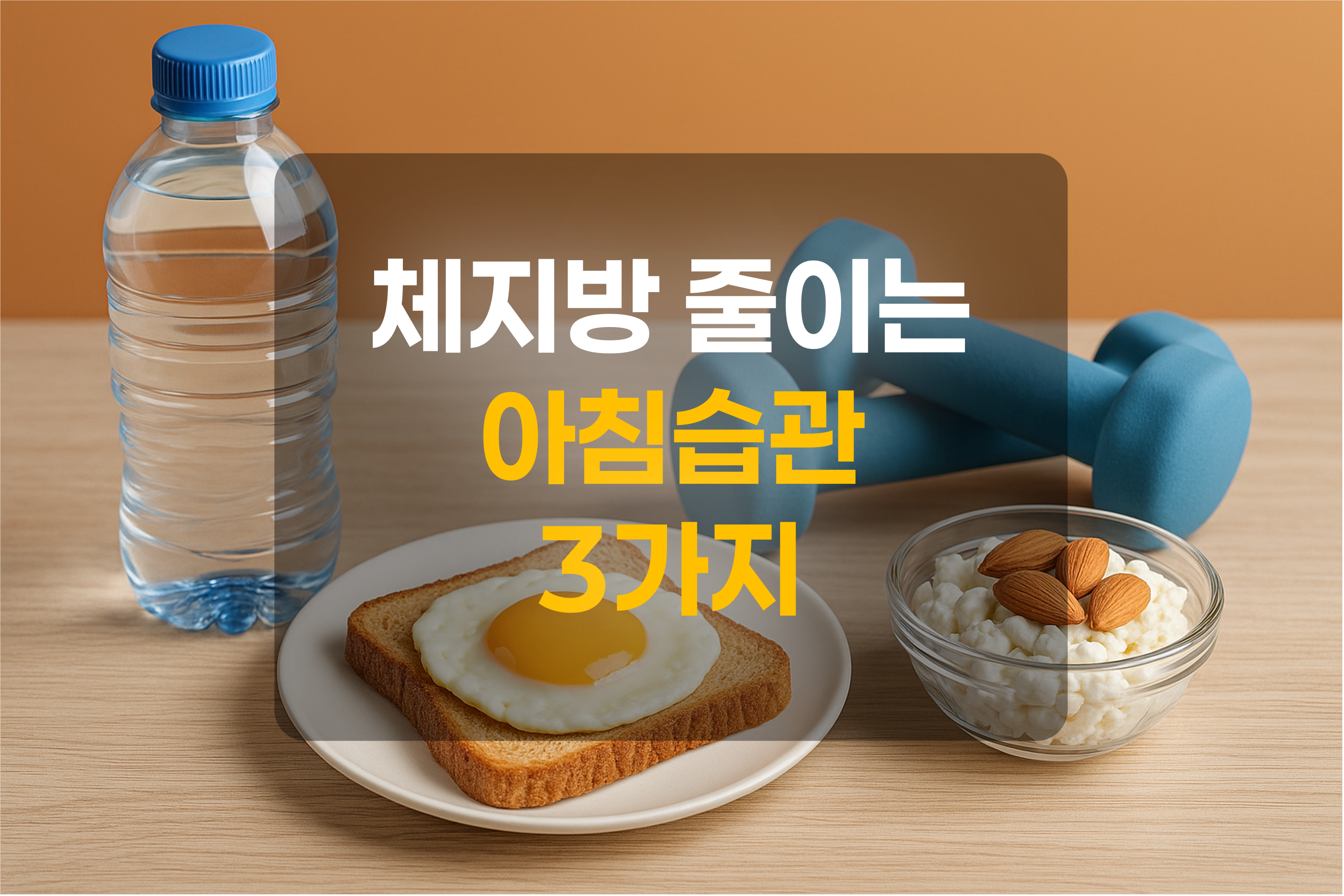 아침습관을 표현하는 운동기구, 생수, 단백질을 표현한 이미지와 텍스트