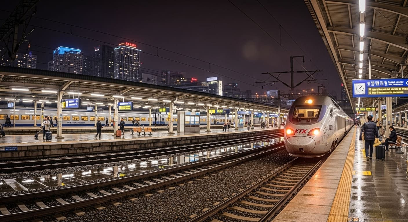 야간 조명 아래 서울 도심과 함께 정차한 SRT 열차