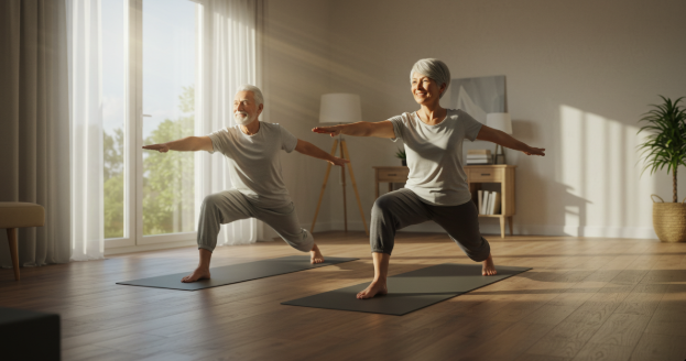 A senior couple doing light yoga at home, realistic style