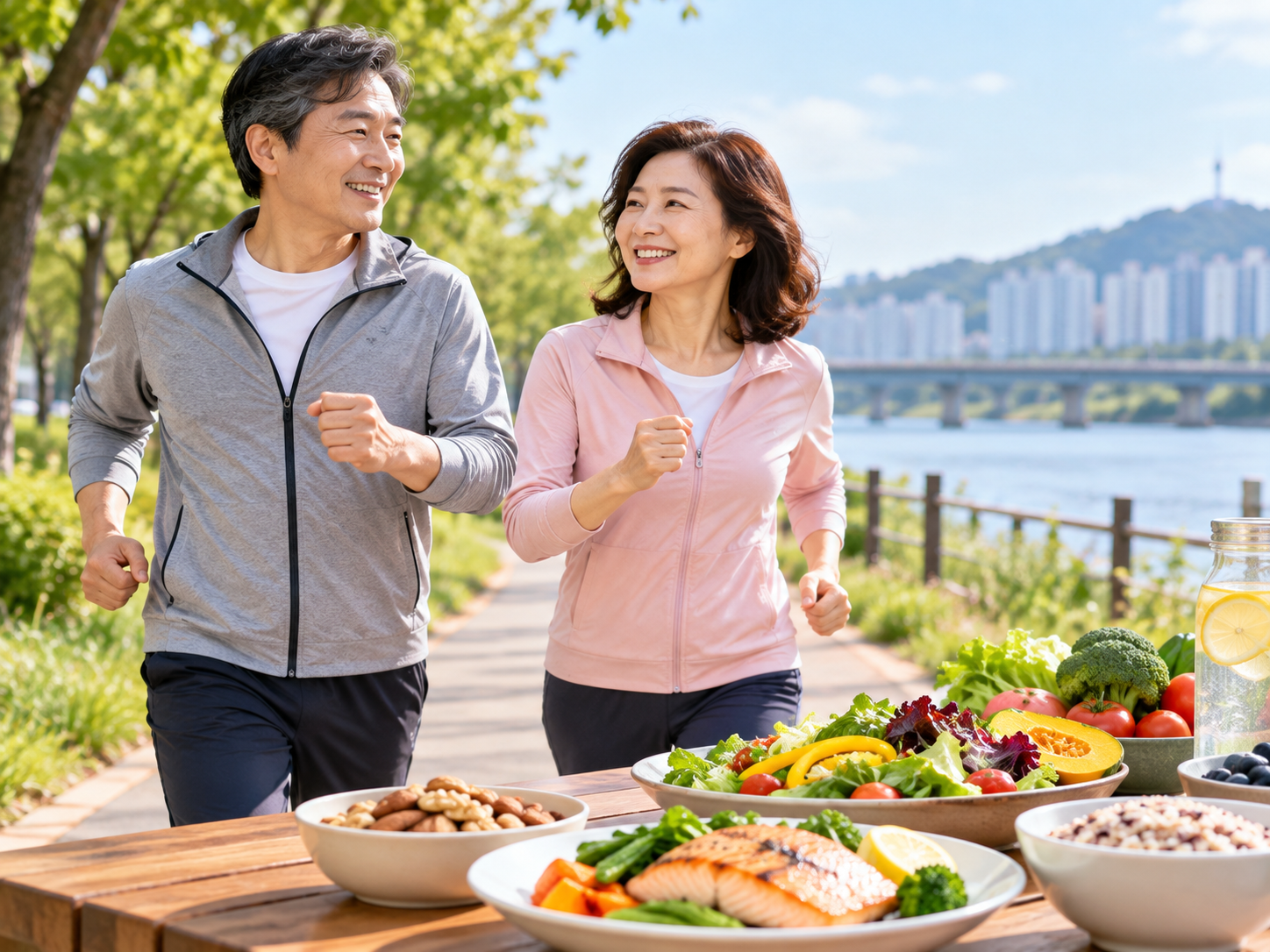 건강한 식단과 걷기 운동으로 콜레스테롤을 관리하는 중년 성인
