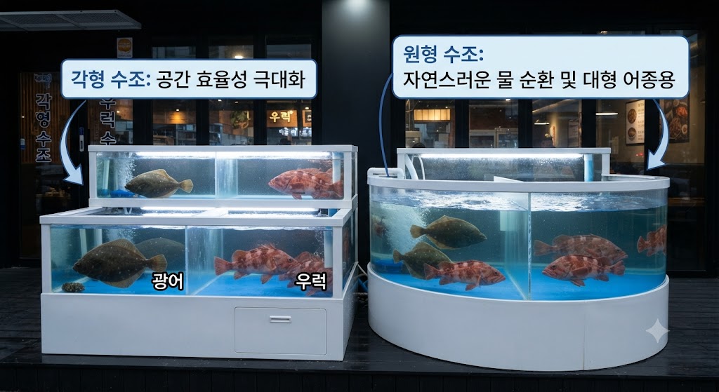 횟집 입구에 나란히 놓인 '네모난 각형 수조'와 '둥근 원형 수조'를 보여줍니다. 그래픽을 통해 공간 효율성 때문에 사각형을 선호하는 이유와 물 순환이 좋아 대형 어종에 유리한 원형 수조의 장점을 비교합니다. 또한, 예민한 어종(예: 쥐치)이 서로 공격하지 못하도록 칸막이로 분리된 수조 내부 구조도 상세히 묘사됩니다.