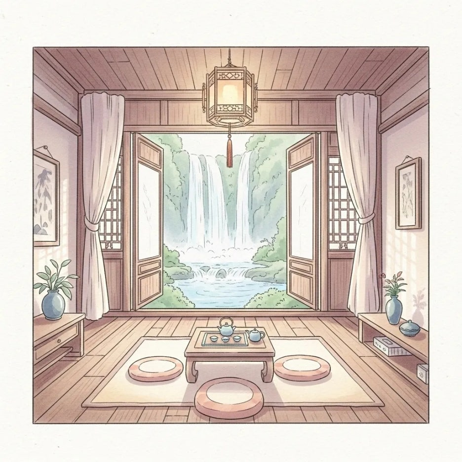 폭포가 보이는 창가에서 휴식하는 모습의 숙소 내부