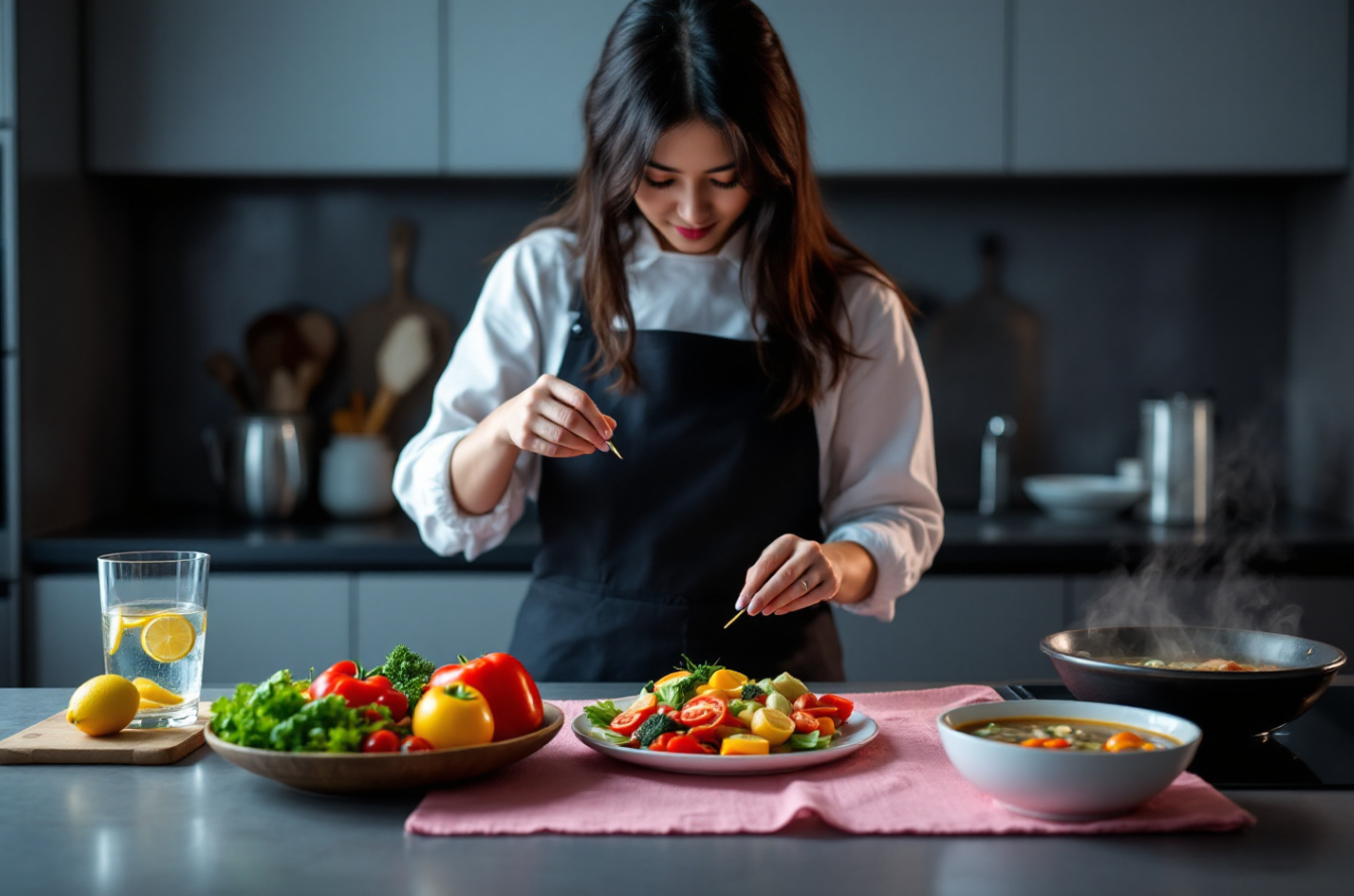 면역력을 높이는 식단을 주방에서 만들고 있는 여성의 모습