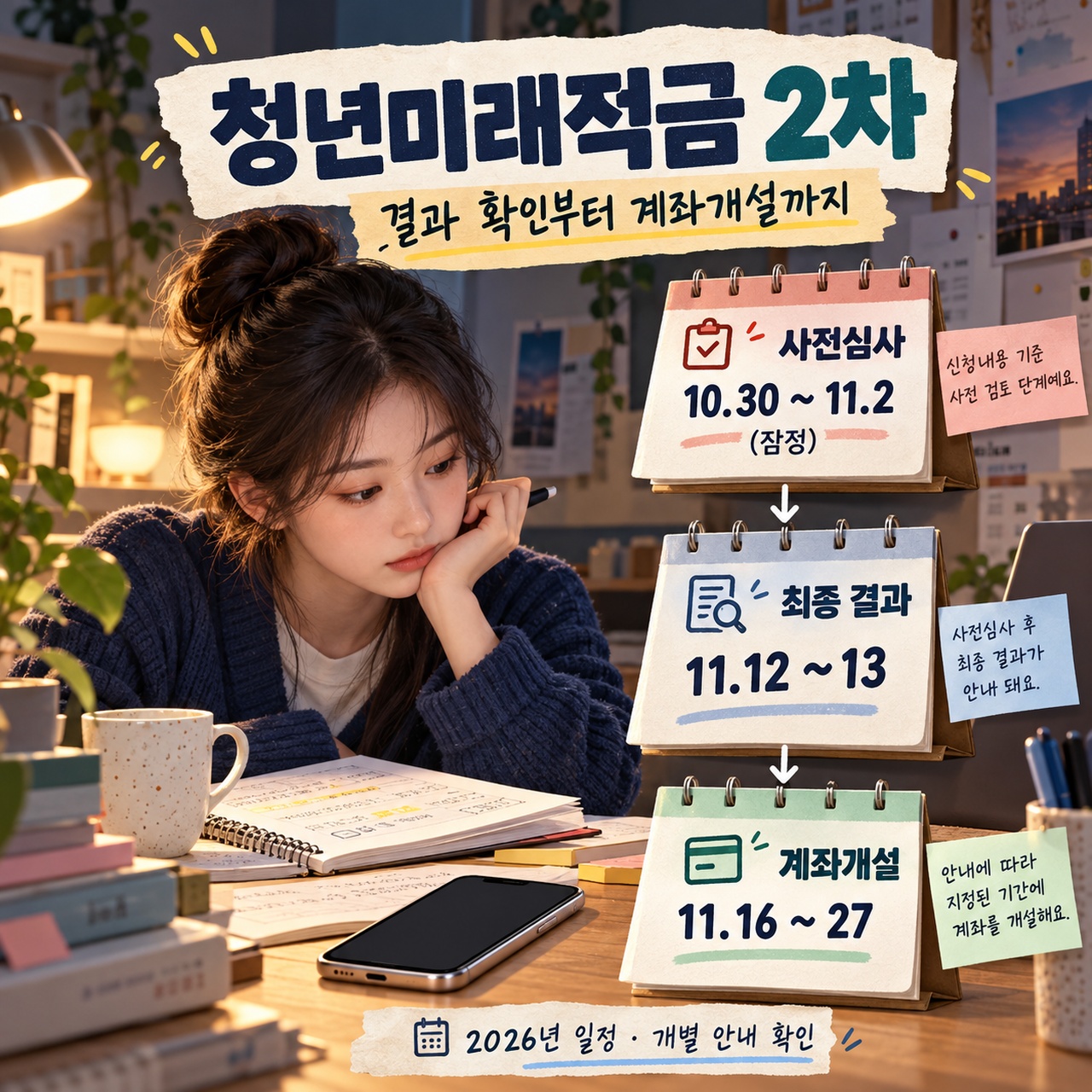 청년미래적금 2차의 사전심사 잠정 일정과 최종 결과, 계좌개설 시기를 달력으로 구분한 교육용 인포그래픽