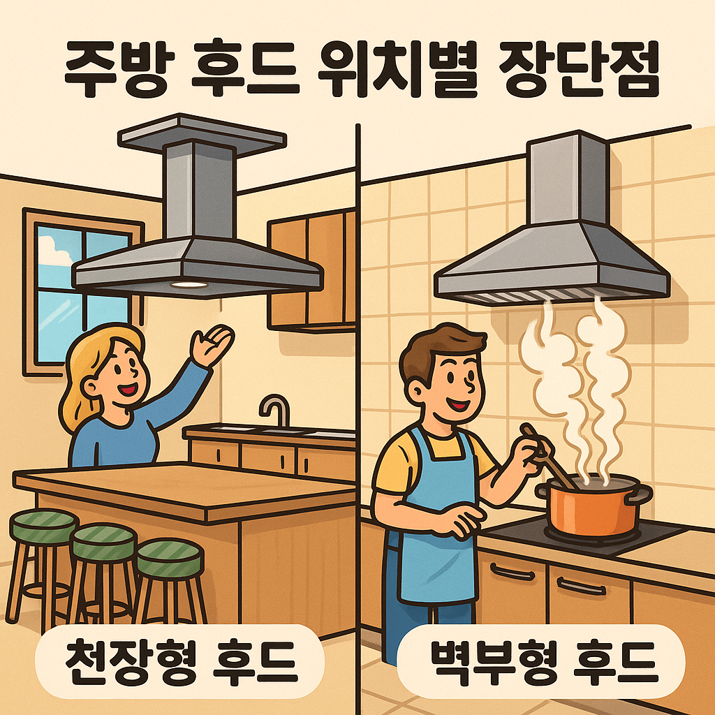 주방 후드 위치별 장단점 – 천장형 vs 벽부형