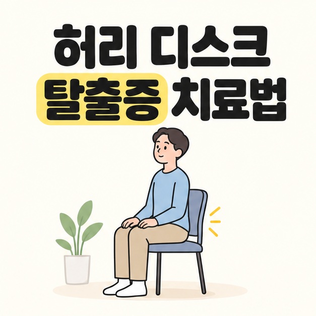 허리 디스크 탈출증 치료법 제목 아래 성인이 의자에 허리를 세우고 앉아 있는 모습